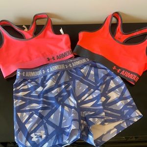 UnderArmour workout lot, 2 XS women’s sports bras, 1 large girls shorts